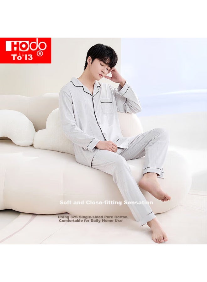 hongdou Hodo Men's Pajamas, Pure Cotton Long-sleeve Plaid Set, All-cotton Printed Cardigan, Wearable Outside, Loungewear, Smoky Gray, Size 175 - Image 1