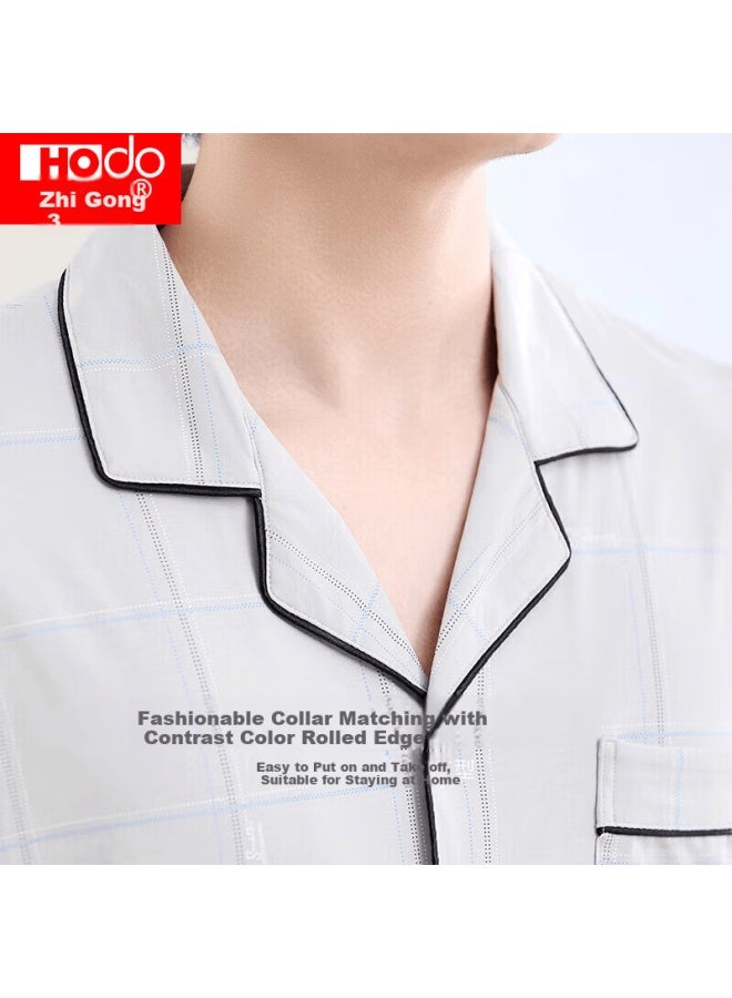 hongdou Hodo Men's Pajamas, Pure Cotton Long-sleeve Plaid Set, All-cotton Printed Cardigan, Wearable Outside, Loungewear, Smoky Gray, Size 175 - Image 2