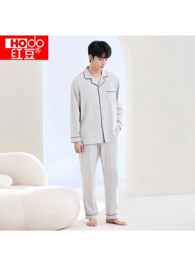 hongdou Hodo Men's Pajamas, Pure Cotton Long-sleeve Plaid Set, All-cotton Printed Cardigan, Wearable Outside, Loungewear, Smoky Gray, Size 175 - Image 5