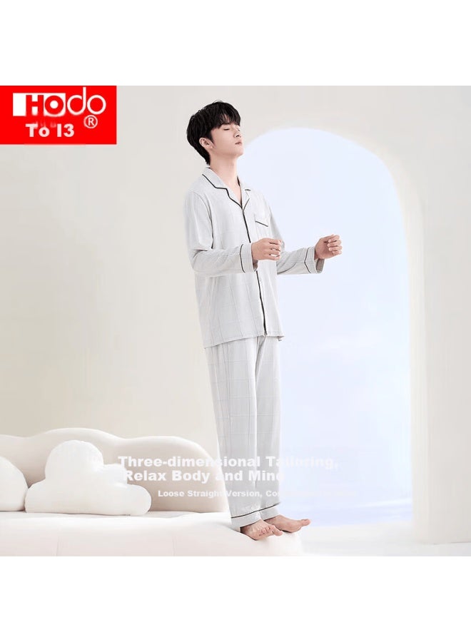 hongdou Hodo Men's Pajamas, Pure Cotton Long-sleeve Plaid Set, All-cotton Printed Cardigan, Wearable Outside, Loungewear, Smoky Gray, Size 175 - Image 4