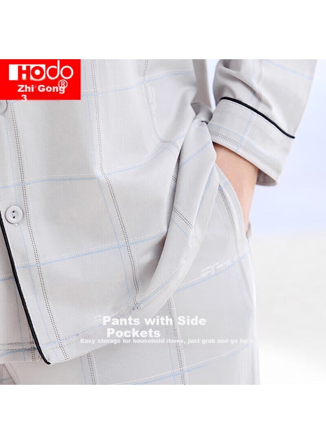 hongdou Hodo Men's Pajamas, Pure Cotton Long-sleeve Plaid Set, All-cotton Printed Cardigan, Wearable Outside, Loungewear, Smoky Gray, Size 175 - Image 3