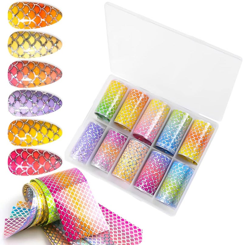 SILPECWEE 10 Sheets Designer Foil Nail Art Mermaid Scale Holography Nail Foils Transfer Stickers Starry Sky Star Nail Wraps Manicure DIY Accessories