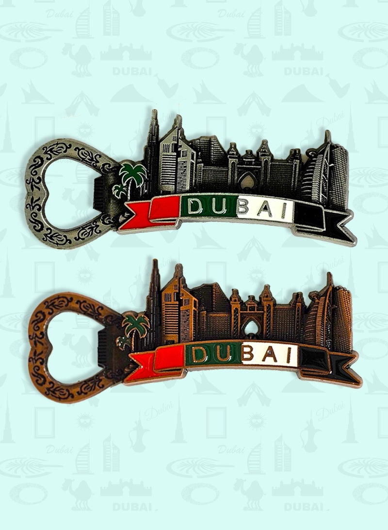 Souvenir Souq Dubai Souvenir Metal Fridge Magnet Bottle Opener 2pcs – Iconic Buildings, Palm Trees & UAE Flag Colors - Image 1