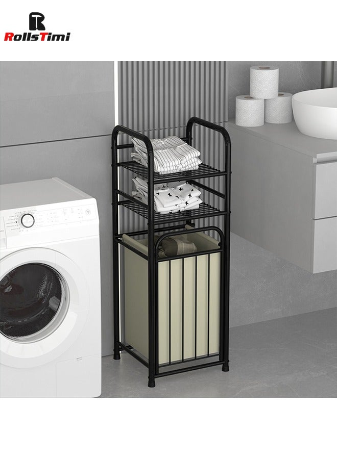 RollsTimi  Stitching Wrought Iron Dirty Clothes Basket,Laundry Sorting Basket With Shelves, Laundry Storage Bag,Black - Image 1
