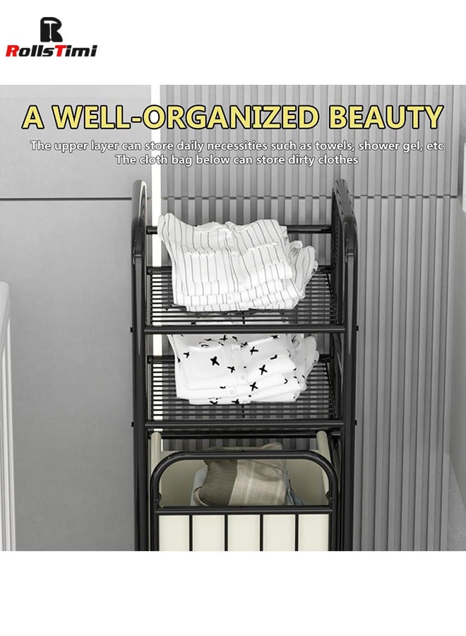 RollsTimi  Stitching Wrought Iron Dirty Clothes Basket,Laundry Sorting Basket With Shelves, Laundry Storage Bag,Black - Image 5