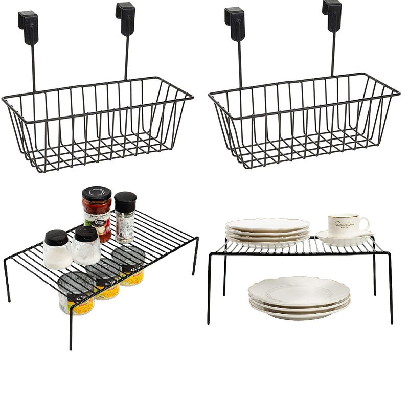 CR18 COLLECTION 4 combo 2pcs Black Metal Cabinet Hanging Door Basket Door Organizer Storage for Kitchen and 2 pcs Stainless Steel Multipurpose Dish RackStorage Shelves for Kitchen Cabinets Racks - Image 1