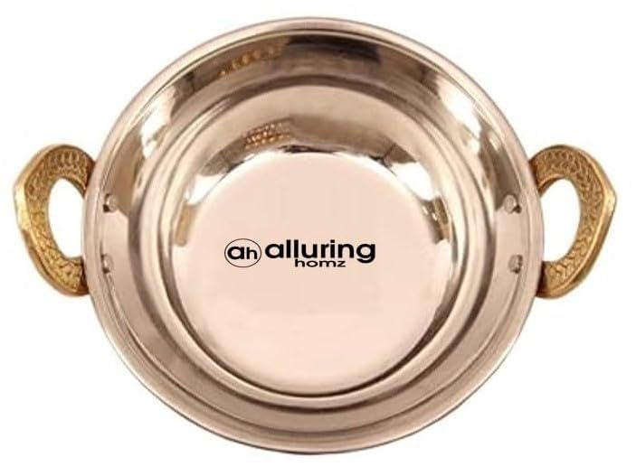 Alluring Homz Hammered Design Copper Steel Kadhai with Brass Handle for Serving Home, Hotel, Restaurant,Catering,Tableware (Diameter16x13 cm) 400 ML Pack of 2 - Image 1