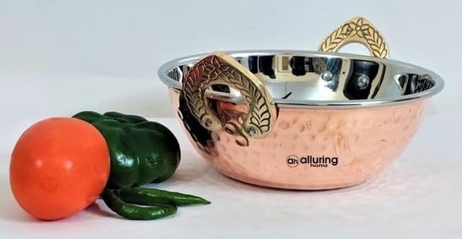 Alluring Homz Hammered Design Copper Steel Kadhai with Brass Handle for Serving Home, Hotel, Restaurant,Catering,Tableware (Diameter16x13 cm) 400 ML Pack of 2 - Image 3