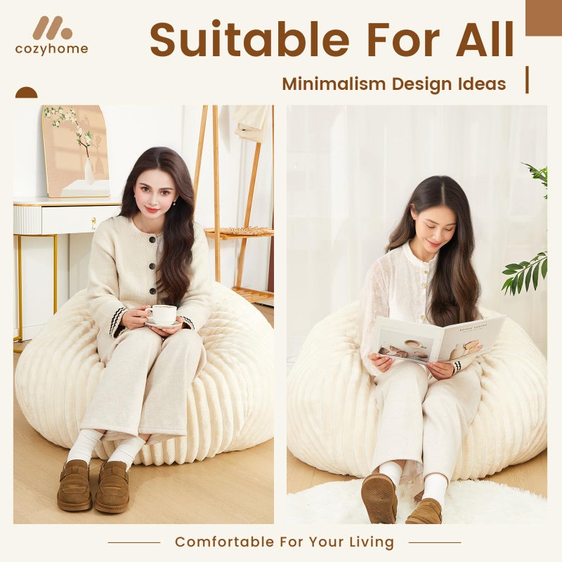 Honeydak Ribbed Rabbit Fur Stuffed Animal Storage Bean Bag Chair Cover (No Filler) Comfy Bean Bag Cover Without Filling or Home Bedroom Decor Organizing Plush Doll Textile Holder(Creamy White, M) - Image 4