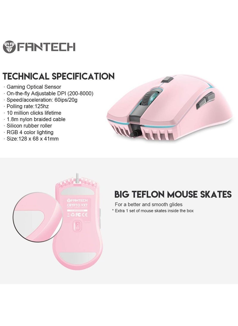 Generic - Fantech Crypto VX7 Gaming Mouse - 8000 DPI - Ambidextrous Design –MACRO- RGB Lighting - 1.8m Cable - 84g-PINK - Image 1