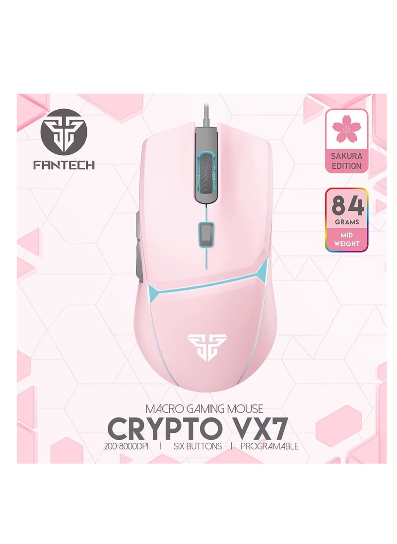 Generic - Fantech Crypto VX7 Gaming Mouse - 8000 DPI - Ambidextrous Design –MACRO- RGB Lighting - 1.8m Cable - 84g-PINK - Image 1