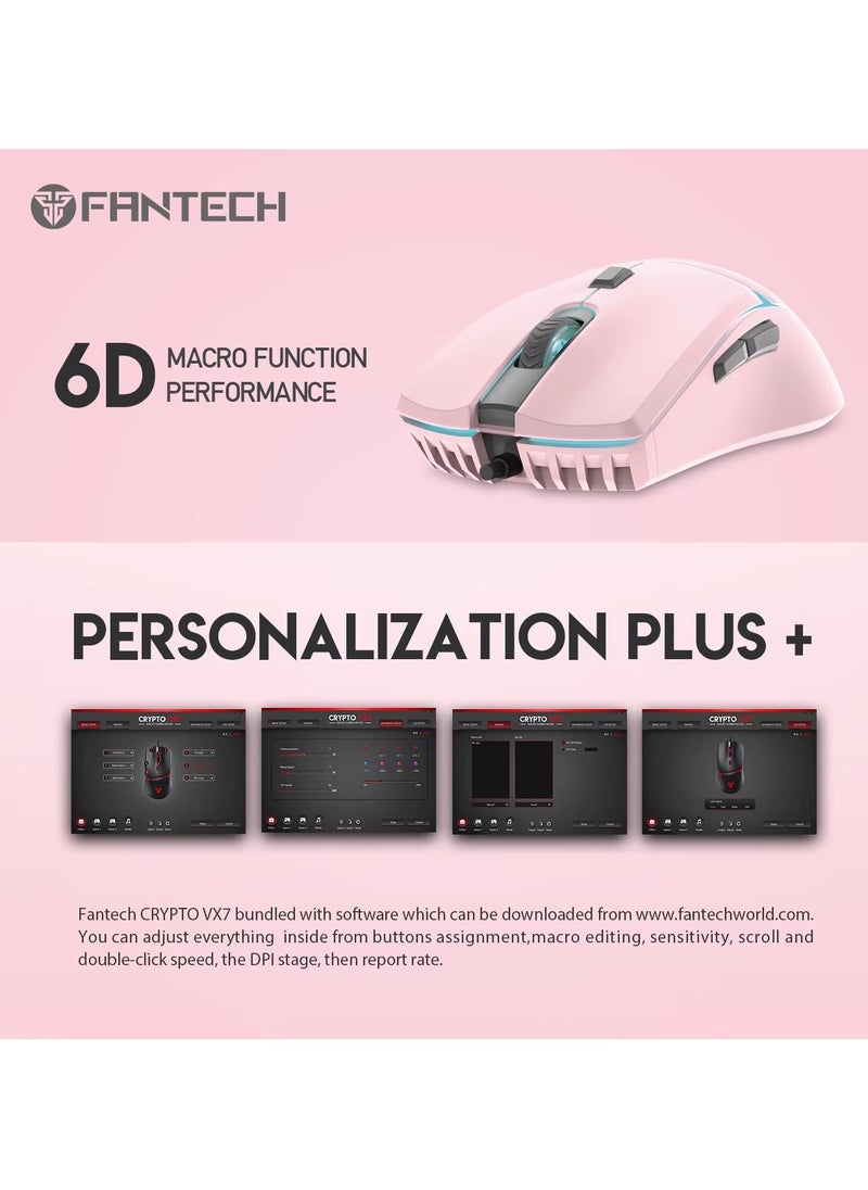 Generic - Fantech Crypto VX7 Gaming Mouse - 8000 DPI - Ambidextrous Design –MACRO- RGB Lighting - 1.8m Cable - 84g-PINK - Image 1