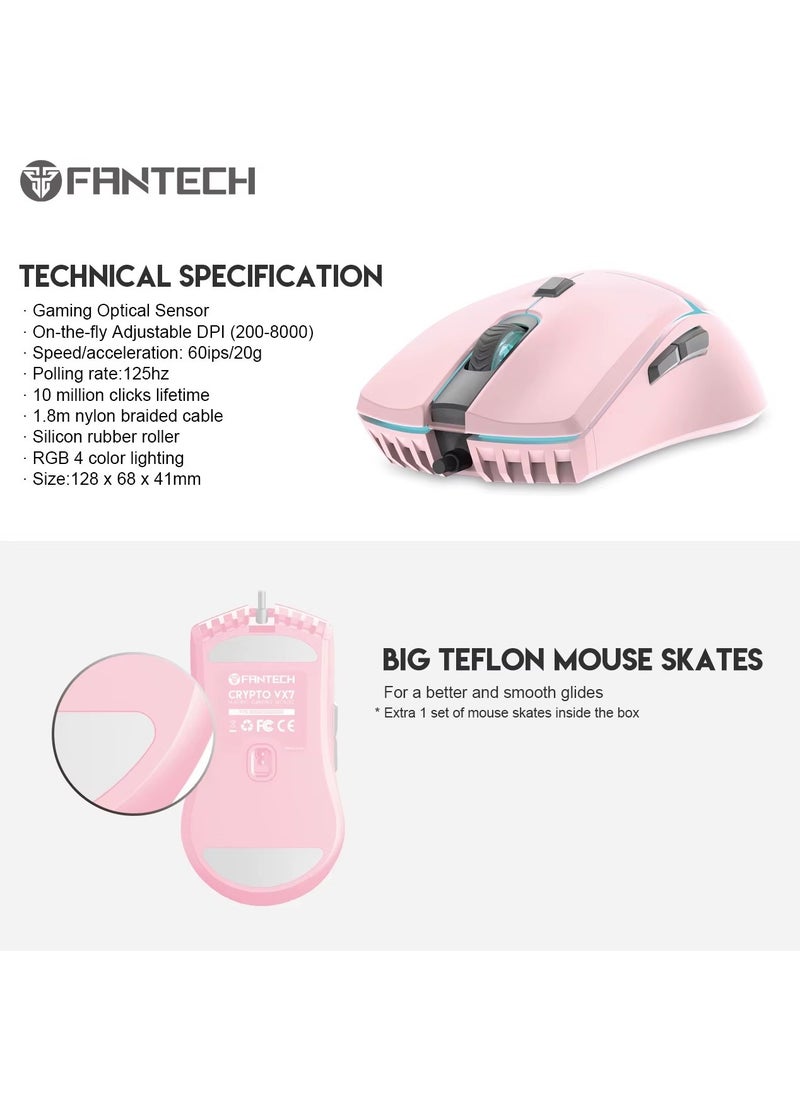 Generic - Fantech Crypto VX7 Gaming Mouse - 8000 DPI - Ambidextrous Design –MACRO- RGB Lighting - 1.8m Cable - 84g-PINK - Image 1
