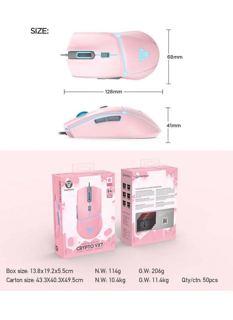 Generic - Fantech Crypto VX7 Gaming Mouse - 8000 DPI - Ambidextrous Design –MACRO- RGB Lighting - 1.8m Cable - 84g-PINK - Image 1