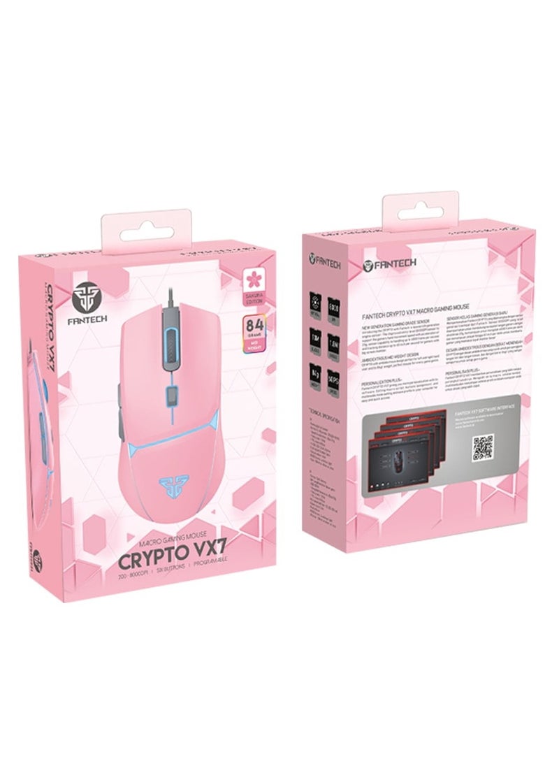Generic - Fantech Crypto VX7 Gaming Mouse - 8000 DPI - Ambidextrous Design –MACRO- RGB Lighting - 1.8m Cable - 84g-PINK - Image 1