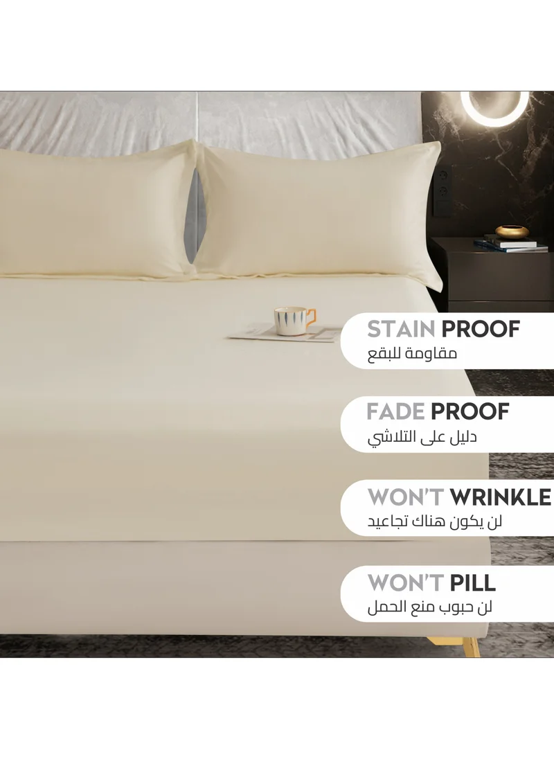 Donetella Bedding Fitted Sheet: 2-Pcs Single Size Solid Sheet With Pillowcases Set and Soft-Silky 30 Cm Extra Deep Brushed Microfiber Cooling Bed Sheet , Beige