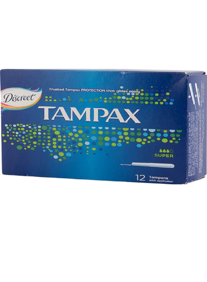Tampax Super Tampons Feminine Sanitary Pads, 12 Pieces