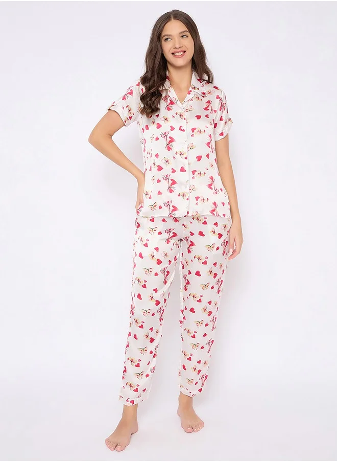 كلوفيا Clovia Heart & Floral Printed Button Down Shirt and Pyjama Set - Satin