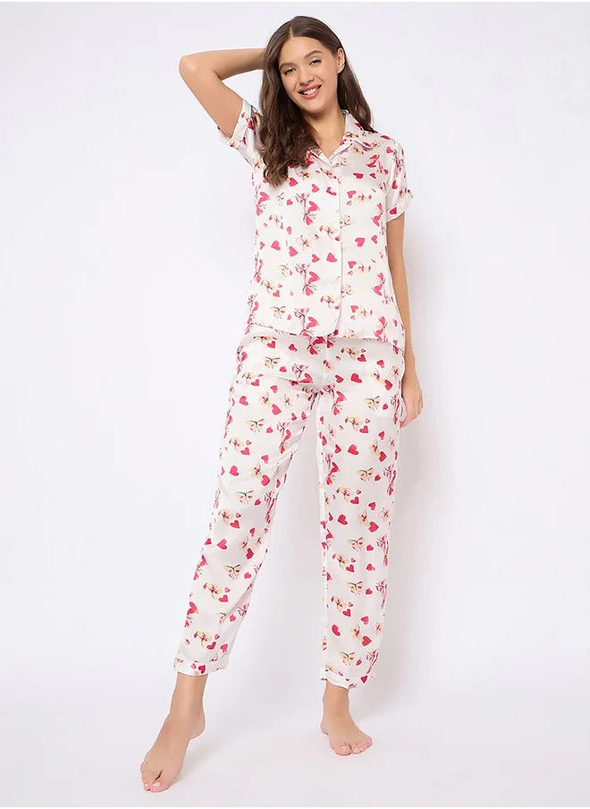 Clovia Clovia Heart & Floral Printed Button Down Shirt and Pyjama Set - Satin