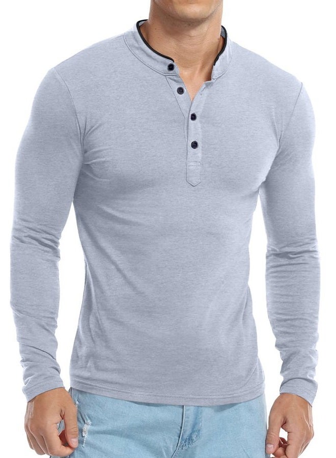 KUYIGO Men's Casual Slim Fit Shirts Long Sleeve Polo Mandarin Collared Fashion Cotton T-Shirts, 05 Long Sleeve Light Grey, S - Image 4