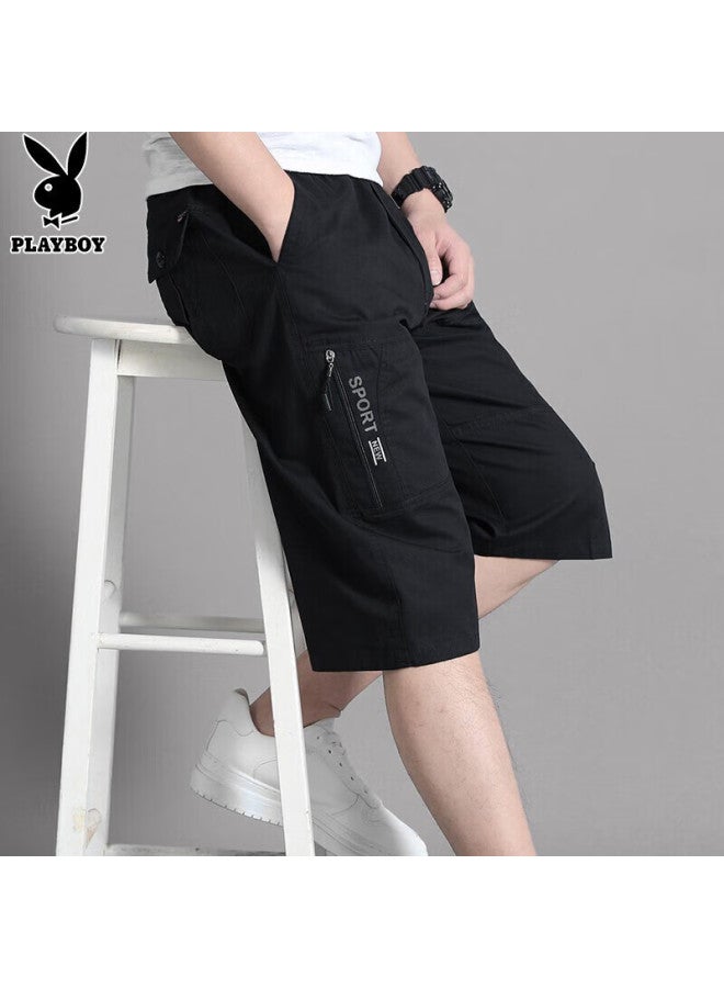 PLAYBOY سروال عمل كاجوال قطن صيفي فضفاض للرجال مقاس زائد قصير أسود 2XL - Image 1
