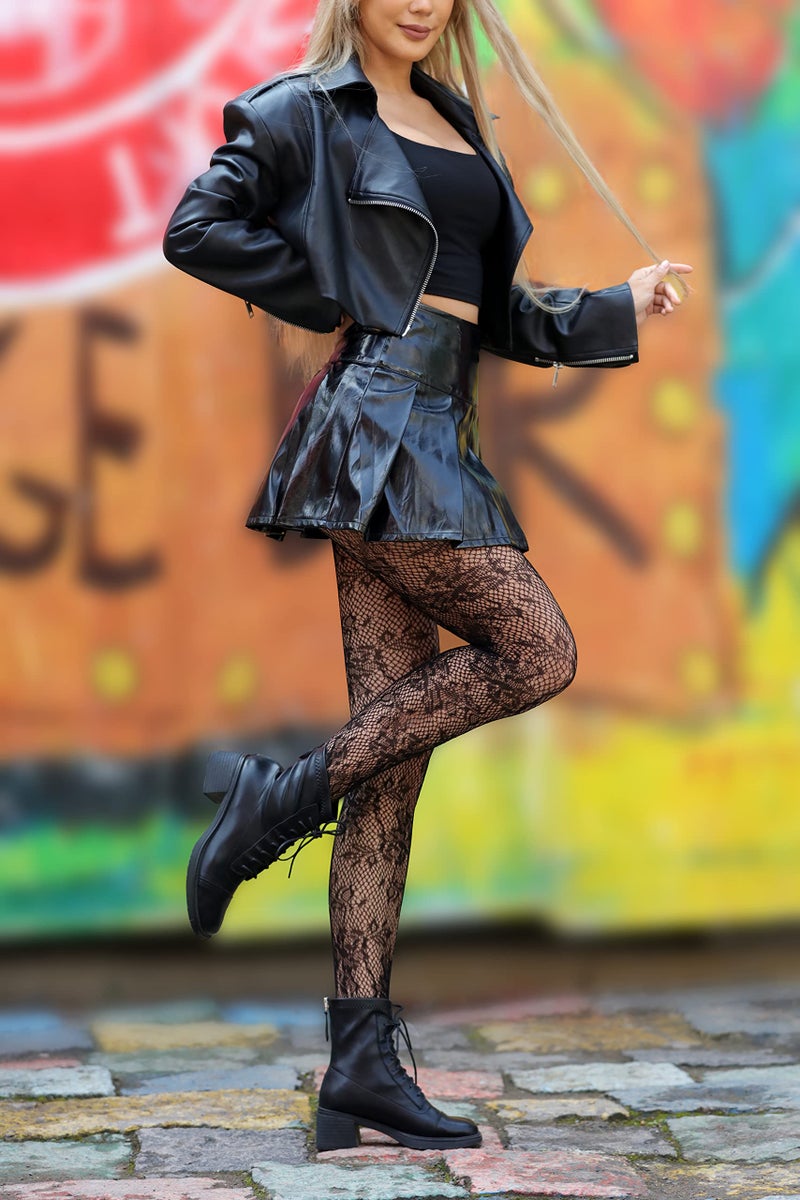 EVERSWE High Waist Fishnet Tights, Thigh High Suspender Stockings (Allover Flower, SM) - Image 3