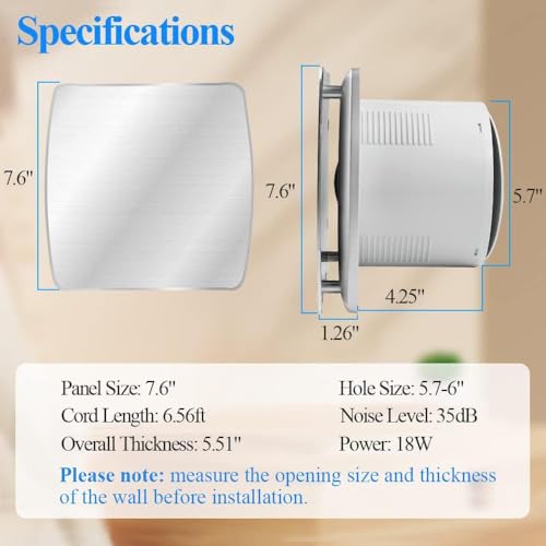 WiseWater Bathroom Exhaust Fan 140CFM 35 dB 6” Duct 7.6" Panel Extractor Fan, Ceiling&Wall Mounted Ventilation Fan for Bathroom, Laundry Room, Bedroom, Office - Image 2