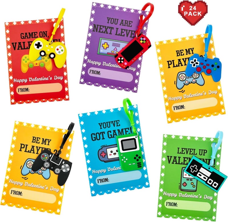 Wondrus Valentines Day Cards Gifts for Kids Classroom, 24 Pack Video Game Keychains with School Exchange Cards for Boys Girls, Non Candy Valentine Class Party Favors Prizes Treats for Preschool Toddlers - Image 1