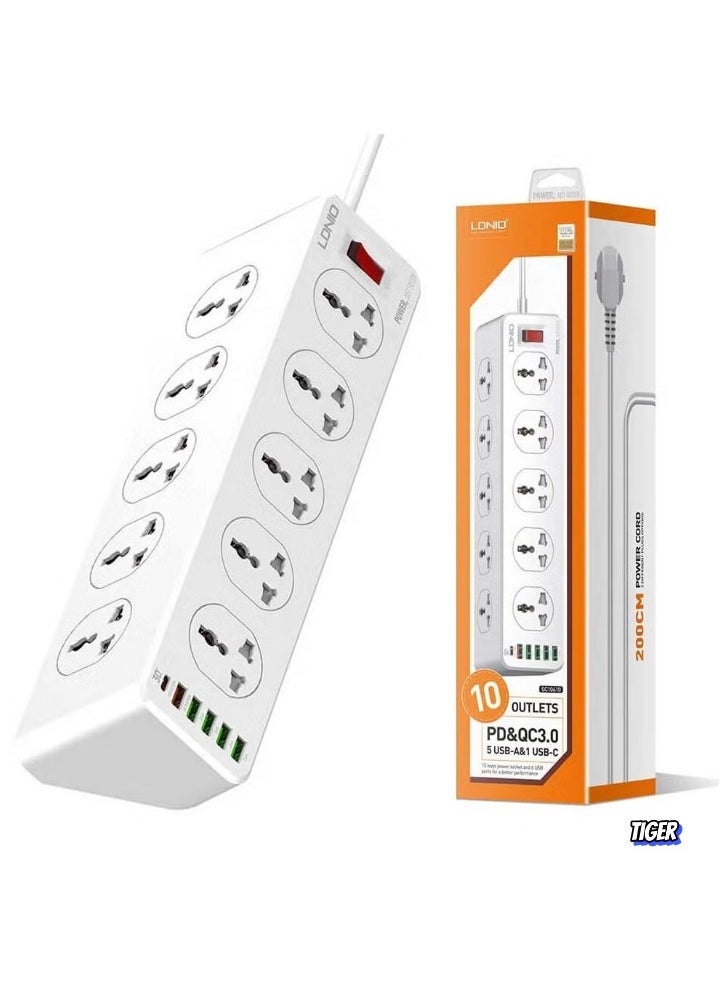 TIGER Universal Power Socket Wall Mount – New Power Strip with PD USB Charging Ports, 10-Way Outlet Extension Plug Socket for Home, Office & Electronics - Smart Charging and Safe Power Distribution  - Image 1