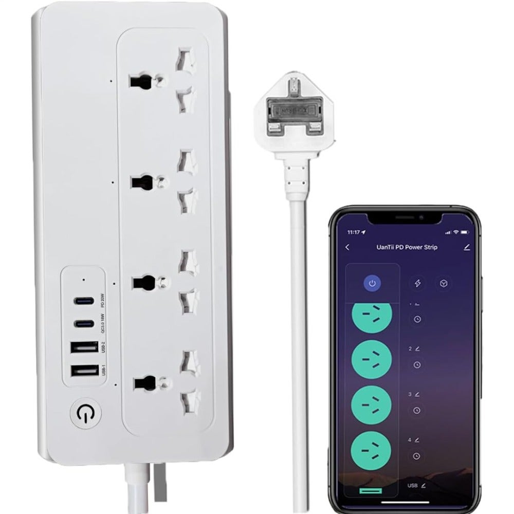 WiFi Smart Power Strip for home office use, ABS plastic body, white color, surge protection + USB-C port + app scheduling + voice control compatibility