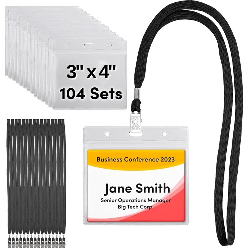 SEE-IT! 104 & 52 Qty Sets Badge Holders with Lanyards Name Tag Holders and Lanyards 3x4 Size Quick Load No Zipper Name Tag Badge id Holder Clear Plastic (104) - Image 1