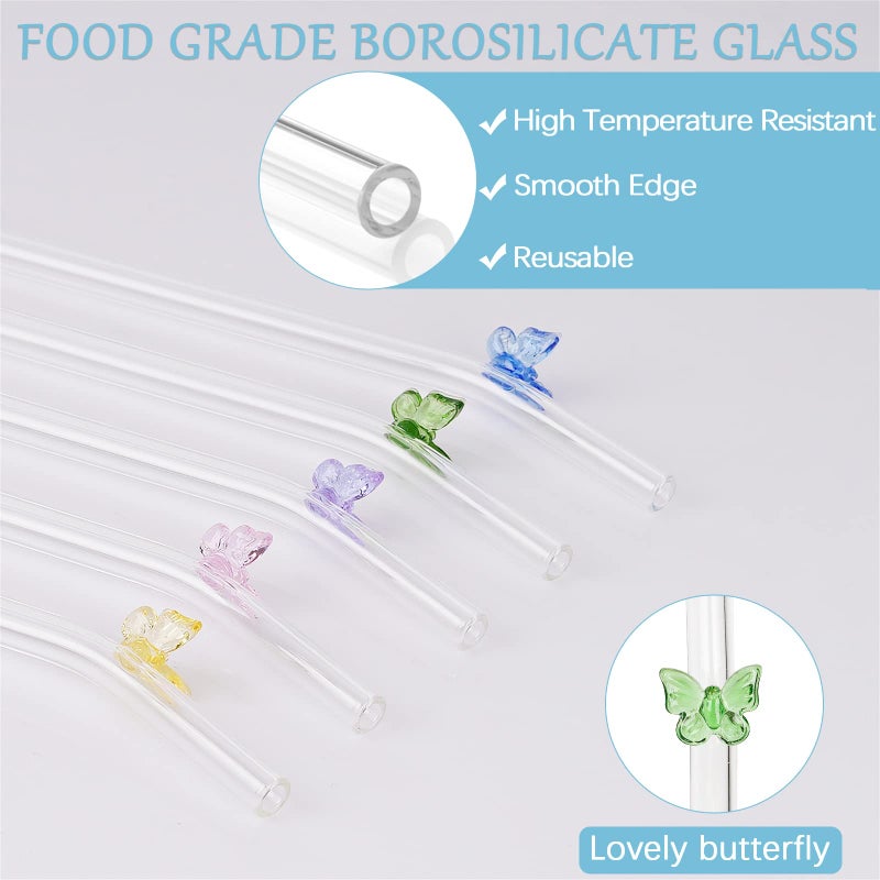 Olpchee 5 Pcs Reusable Straws Clear Glass Straws Colorful Butterfly Design Size 7.8" x 8mm with 1 Cleaning Brush for Smoothies, Milkshakes, Juices, Teas (Colorful Butterfly) - Image 2