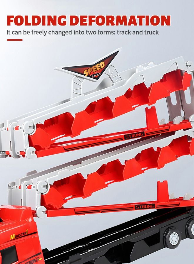 GROIC مجموعة ألعاب شاحنة نقل السيارات، شاحنة نقل ضخمة مع حامل تخزين مسار السباق القذف و8 قطع نموذج سيارة سباق معدنية، شاحنة لعبة، سيارة لعبة للأطفال - Image 5