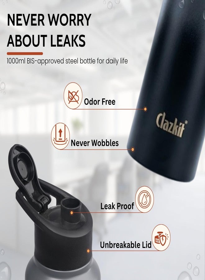 Clazkit زجاجة مياه كلازكيت ثنائية اللون من الفولاذ المقاوم للصدأ | معتمدة من هيئة المواصفات والمقاييس الهندية (ISI)، مانعة للتسرب، متينة، مناسبة لأطفال المدارس، الثلاجة، الرياضة، النادي الرياضي، اليوغا، والمكتب - سهلة التنظيف وقابلة لإعادة الاستخدام - 1000 مل - أسود - Image 3