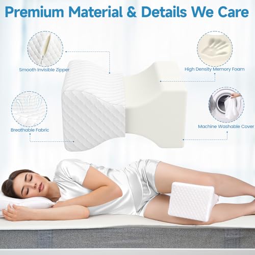 TranquilRelax Knee Pillow for Side Sleepers, Leg Pillow for Side Sleeping, Smooth Pillow for Spine Aligning, Comfortable Memory Foam Pillow for Hip, Back, Sciatica, Knee, Joints Pain (White) - Image 3
