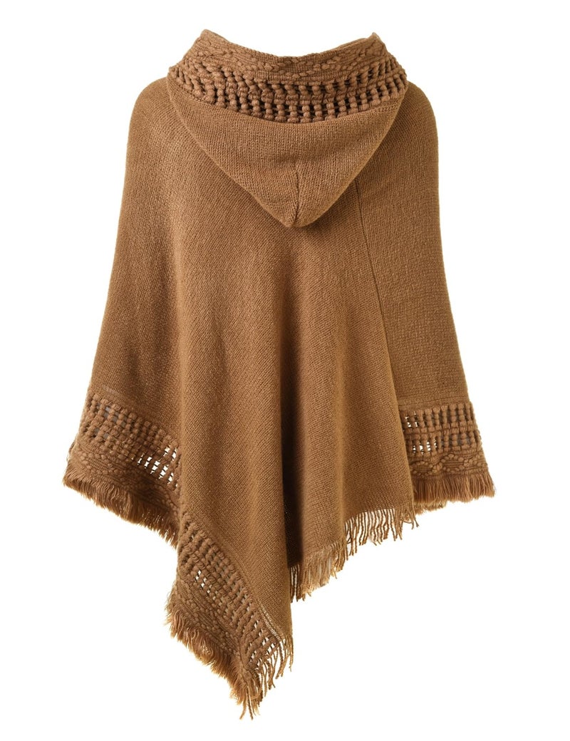 Ferand Ladies' Hooded Cape with Fringed Hem, Crochet Poncho Knitting Patterns for Women, Camel - Image 2