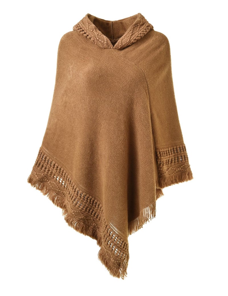 Ferand Ladies' Hooded Cape with Fringed Hem, Crochet Poncho Knitting Patterns for Women, Camel - Image 1
