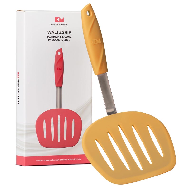 Kitchen Mama WaltzGrip Platinum Silicone Pancake Spatula Turner: Heat-Resistant, Slotted Tapered Head, Stainless Steel Core, Durable, Dishwasher-Safe, Ideal for Flipping and Wok Use (Yellow) - Image 1