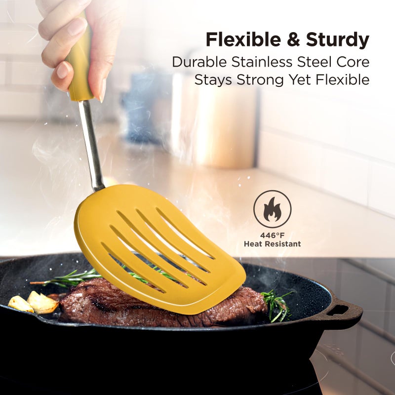 Kitchen Mama WaltzGrip Platinum Silicone Pancake Spatula Turner: Heat-Resistant, Slotted Tapered Head, Stainless Steel Core, Durable, Dishwasher-Safe, Ideal for Flipping and Wok Use (Yellow) - Image 5