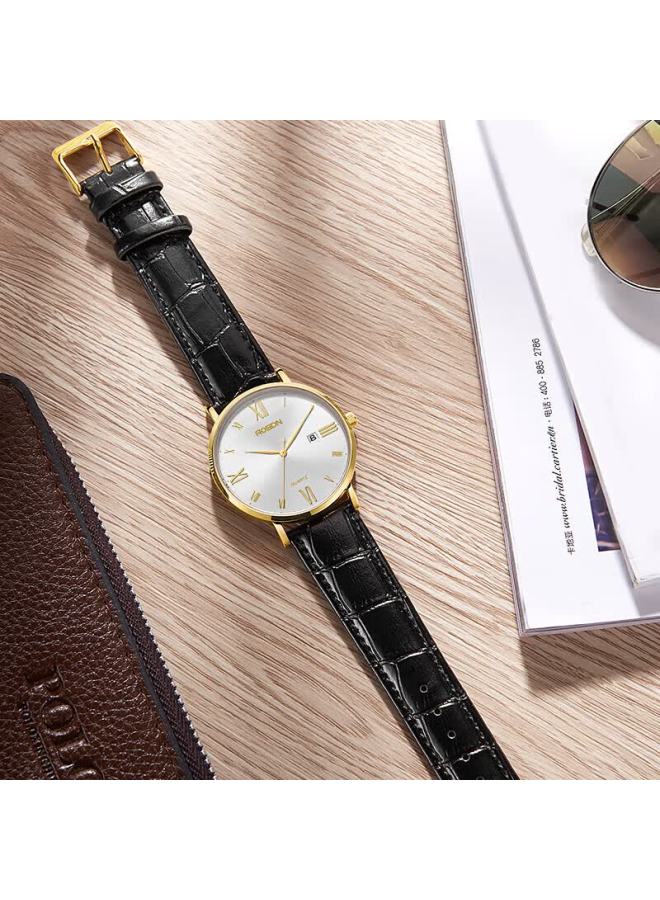 ROSDN Laoston Men's Watch Minimalist Fashion Large Dial Ultra-thin Business Casual Leather Strap Calendar New Year Gift - Image 3