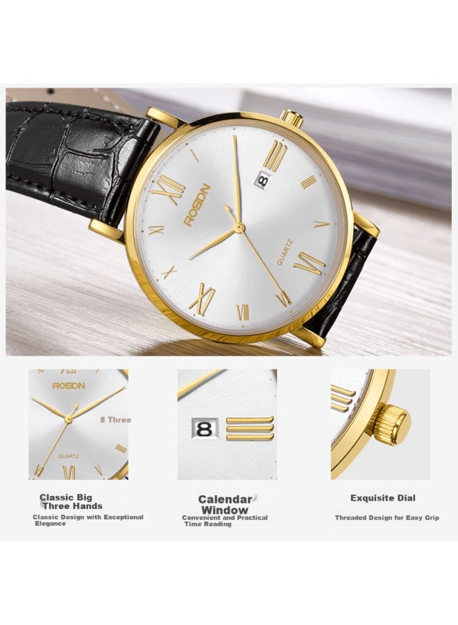 ROSDN Laoston Men's Watch Minimalist Fashion Large Dial Ultra-thin Business Casual Leather Strap Calendar New Year Gift - Image 5