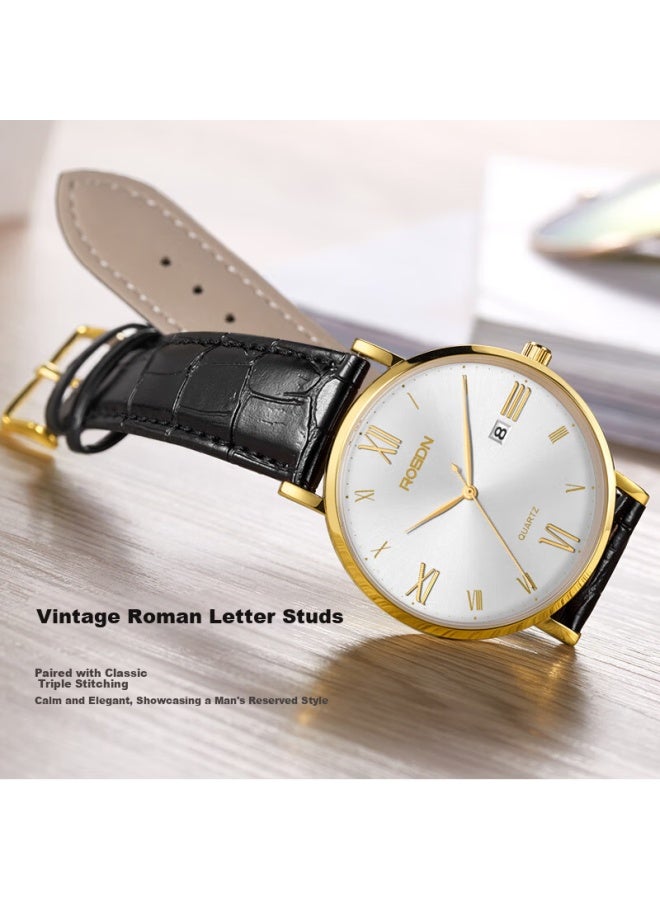 ROSDN Laoston Men's Watch Minimalist Fashion Large Dial Ultra-thin Business Casual Leather Strap Calendar New Year Gift - Image 2