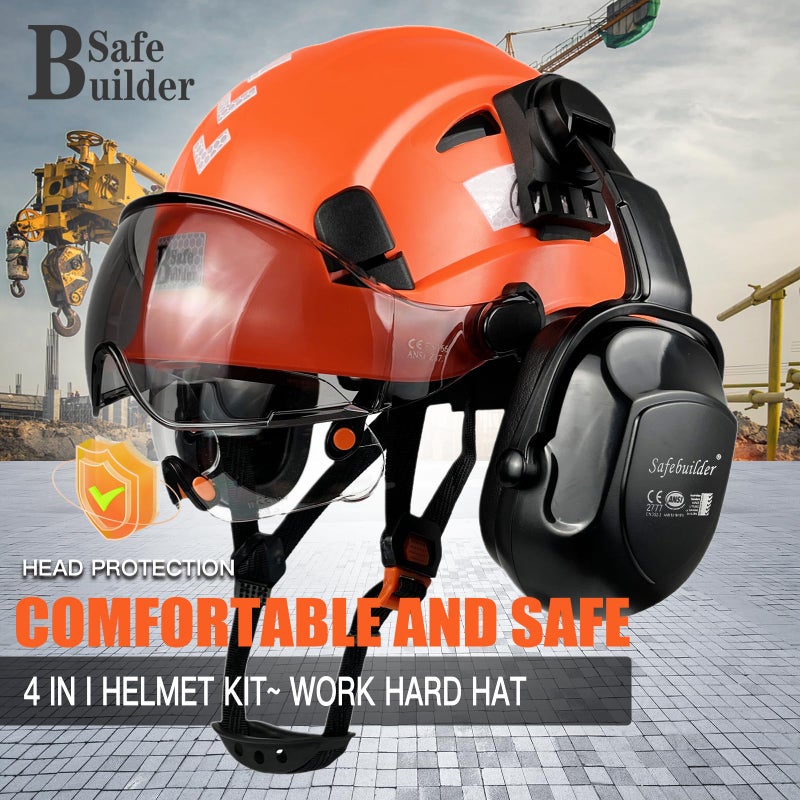 Safebuilder Construction Safety Helmet With Visors Clear & Tinted Earmuffs Hearing Protection Industrial Work Hard Hat For Engineer (Orange Helmet With Clear & Tinted Visor & Earmuffs) - Image 2