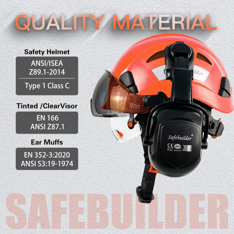 Safebuilder Construction Safety Helmet With Visors Clear & Tinted Earmuffs Hearing Protection Industrial Work Hard Hat For Engineer (Orange Helmet With Clear & Tinted Visor & Earmuffs) - Image 3