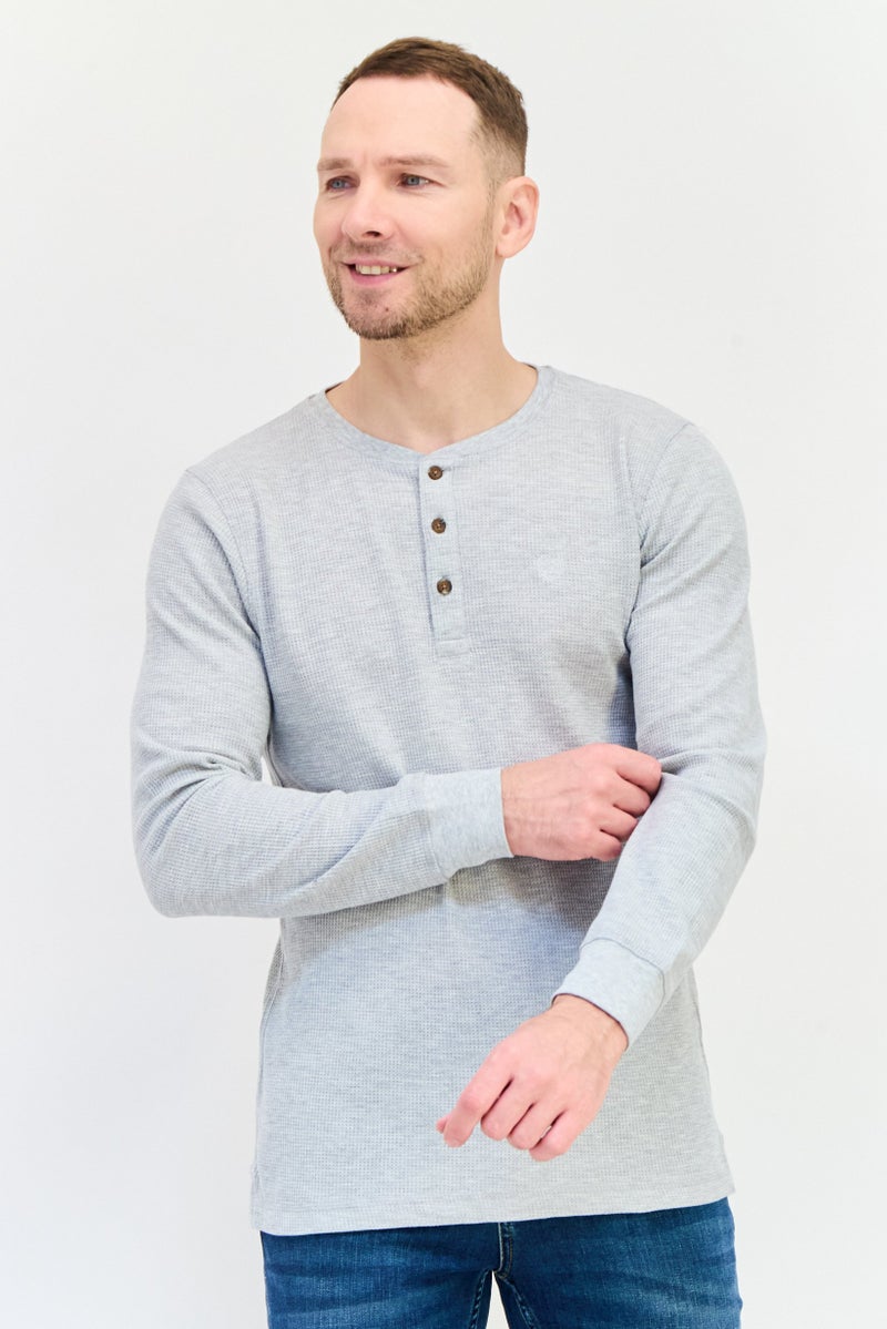 Chaps Men Henley Neck Embroidered Logo Long Sleeve Sweatshirt, Light Grey - Image 1