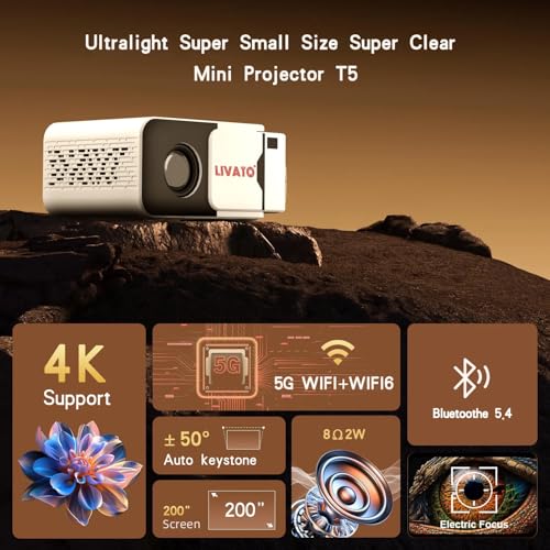 Livato T5 Mini Upgraded Android 13 Full HD Support Native 720P 5000 Lumens Auto Keystone WiFi & Bluetooth 6, Miracast, Built-in Speaker 1 Year Warrenty (White) - Image 2