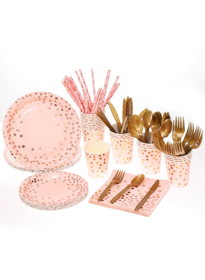 90 قطعة من مستلزمات الحفلات باللونين الوردي والذهبي مع أطباق، أكواب، مناديل، شوك، سكاكين، ملاعق، مصاصات لحفلات الزفاف، الذكرى السنوية، عيد الميلاد - 10 ضيوف - Image 1
