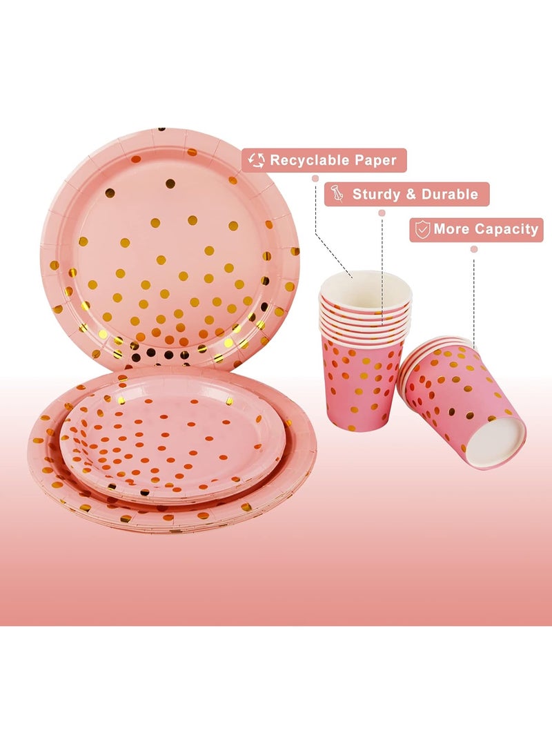 90 قطعة من مستلزمات الحفلات باللونين الوردي والذهبي مع أطباق، أكواب، مناديل، شوك، سكاكين، ملاعق، مصاصات لحفلات الزفاف، الذكرى السنوية، عيد الميلاد - 10 ضيوف - Image 4