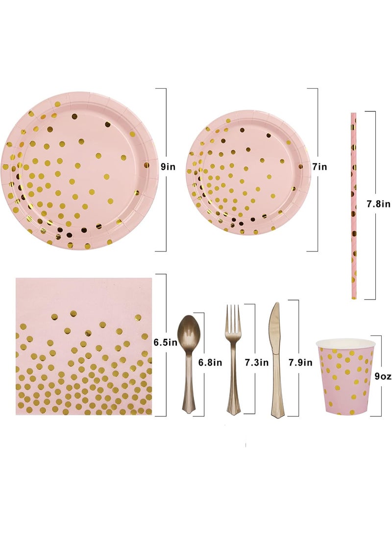 90 قطعة من مستلزمات الحفلات باللونين الوردي والذهبي مع أطباق، أكواب، مناديل، شوك، سكاكين، ملاعق، مصاصات لحفلات الزفاف، الذكرى السنوية، عيد الميلاد - 10 ضيوف - Image 2