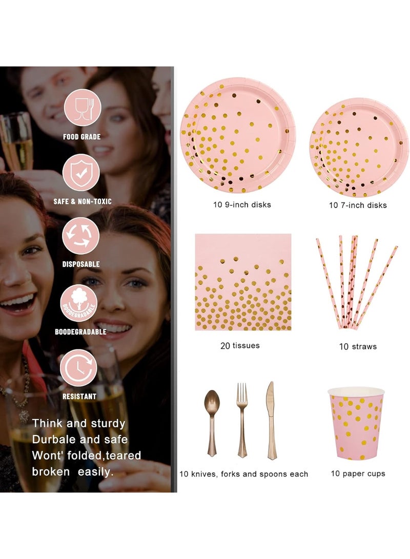 90 قطعة من مستلزمات الحفلات باللونين الوردي والذهبي مع أطباق، أكواب، مناديل، شوك، سكاكين، ملاعق، مصاصات لحفلات الزفاف، الذكرى السنوية، عيد الميلاد - 10 ضيوف - Image 3